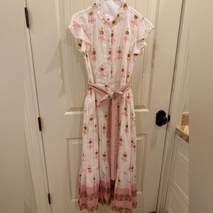 Oliphant Ruffle Collar Dress - Floral White and Pink with Belt. Size Medium
